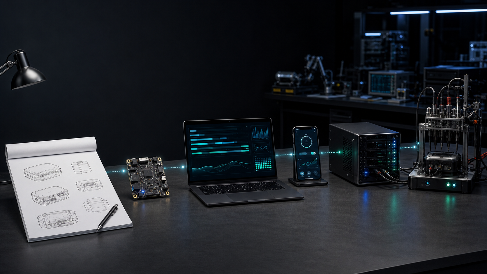 아이디어 스케치부터 PCB·펌웨어·앱·서버·양산 검사 지그까지 이어지는 제품 개발 파이프라인